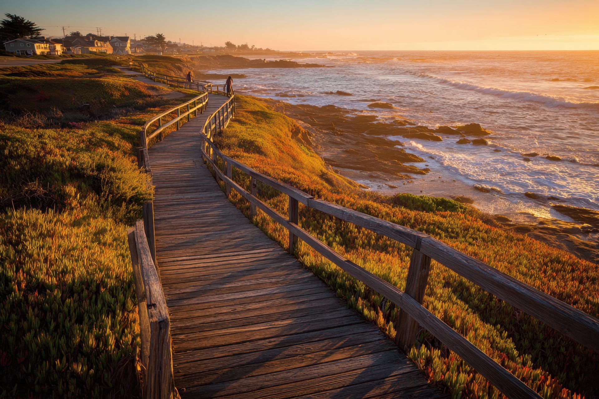 Cambria California Sunset: Wooden Walkway by the Blue Ocean Coastline, Nature and Beach