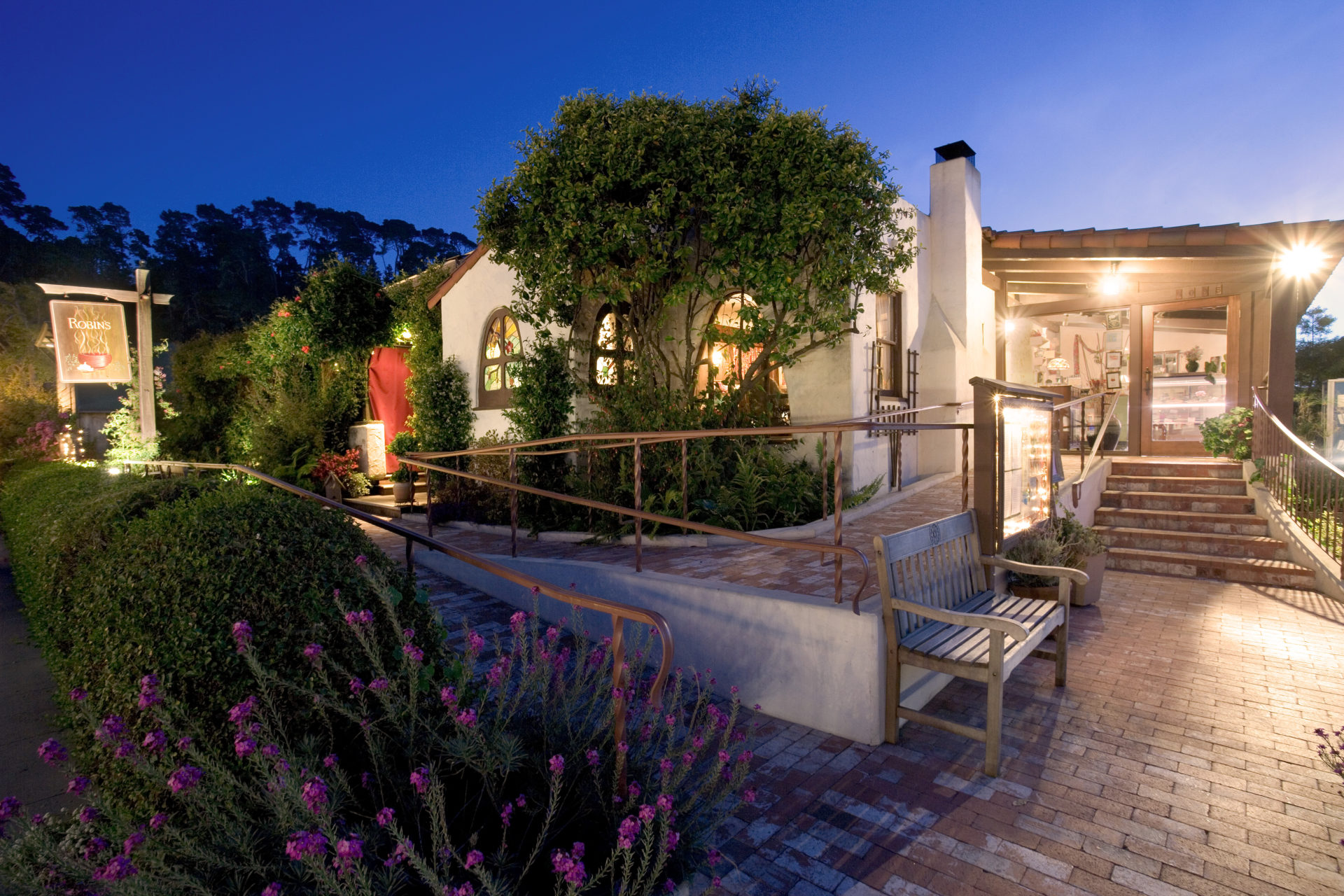 Robin's Restaurant A twighlight view of the front of Robin's Restaurant on a clear evening.